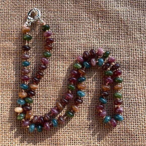 Natural Stone Rondelle Colorful Tourmaline knotted Necklace Handmade New - Picture 13 of 13